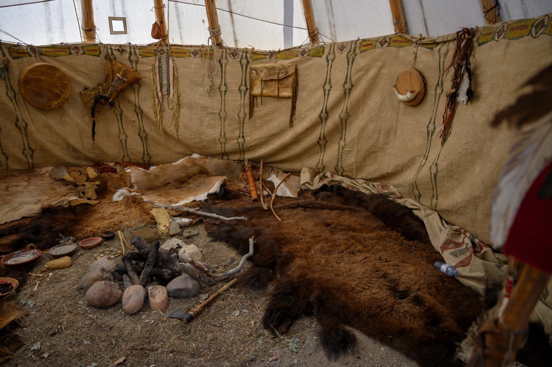 The interior of a replica of Fort Whoop-Up, a fur trading post originally built in the late 1800s.