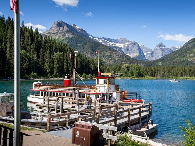 The Shoreline Cruise Boat the dock at Waterton Lake.