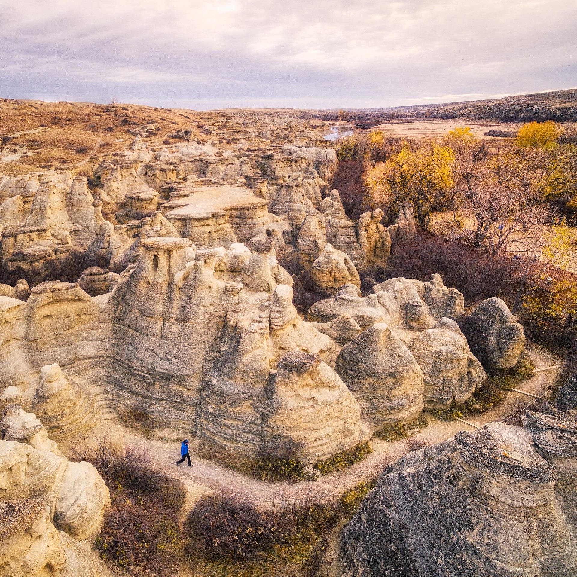 Person hiking through the Hoodoos in Drumheller.