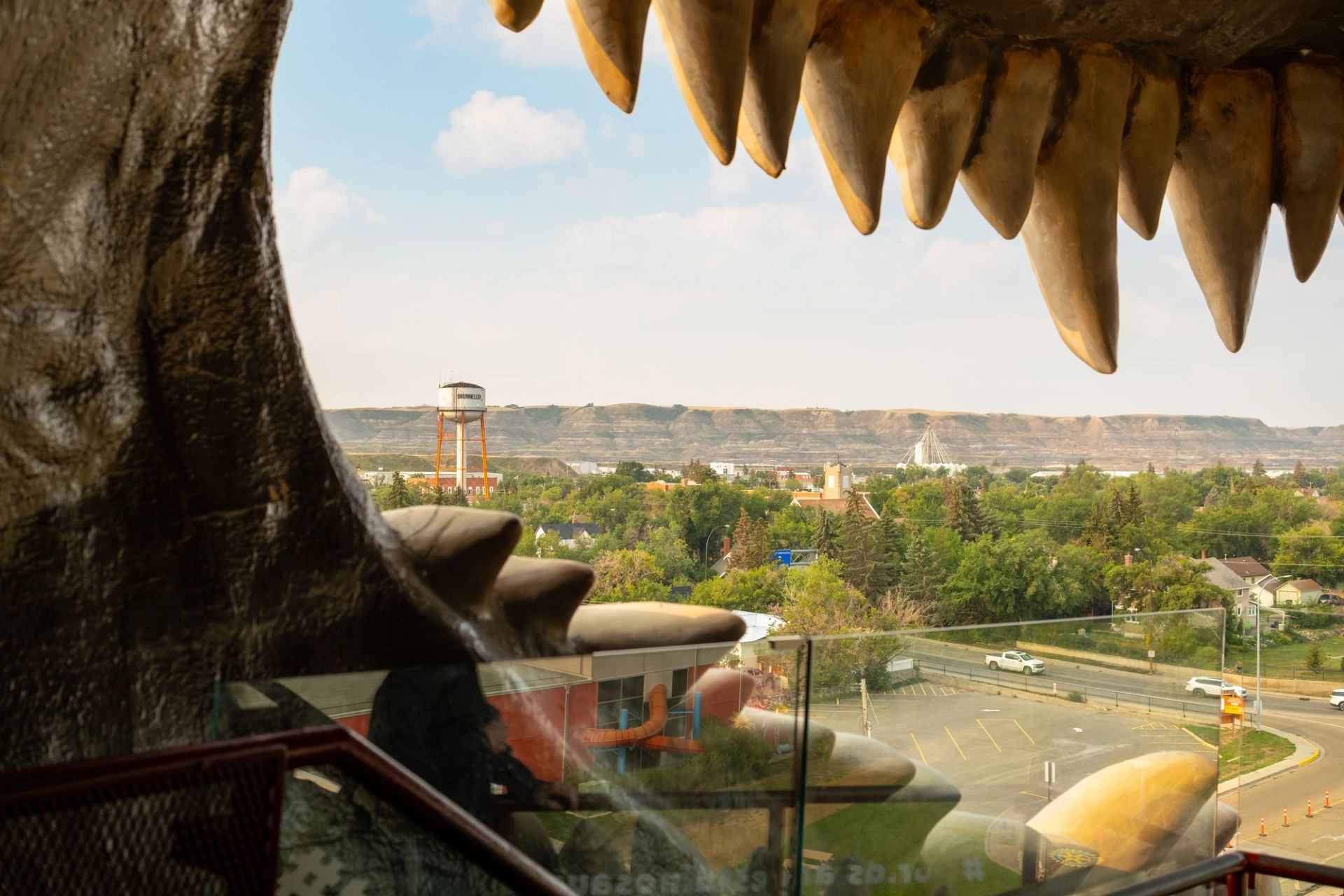Looking out to the town of Drumheller from the mouth of the World's Largest Dinosaur.