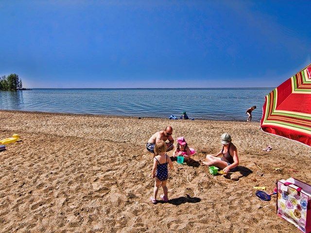 A group of children playing on the sandy beach