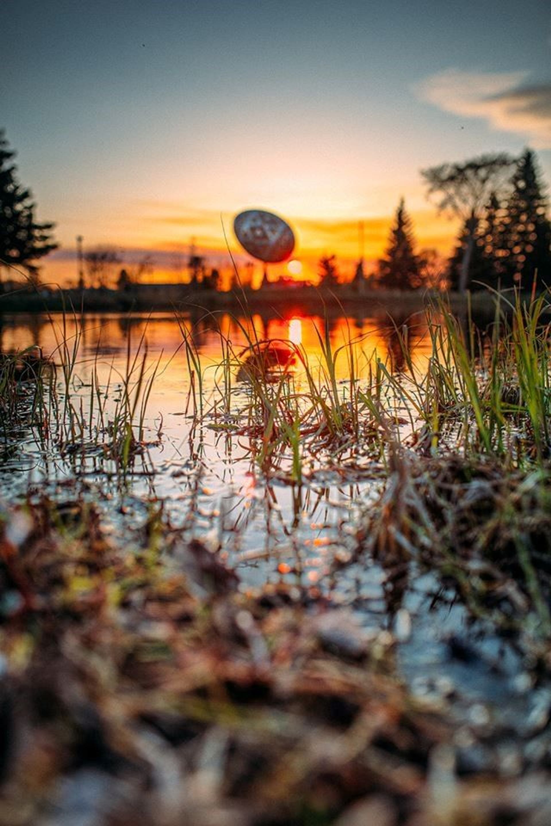 The giant Ukrainian Easter Egg (Pysanka) in Vegreville at sunset.