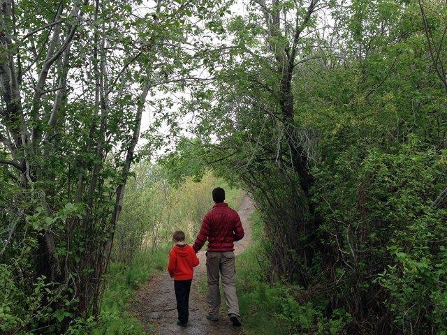 A man and child walking in a path through the trees