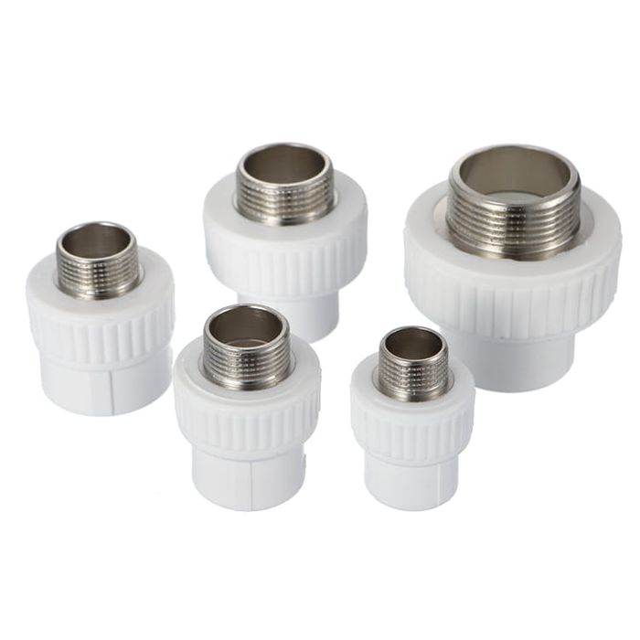 A set of white PP-R male-threaded transition couplers in five sizes, each with a brass insert, on a plain background