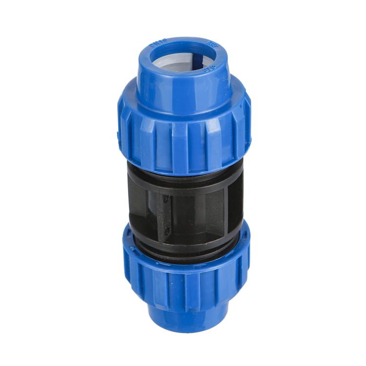 Embossed markings on the nut of a PP compression coupler for HDPE pipe, the kind of on-body marking ISO 4427-3 requires to stay legible without magnification