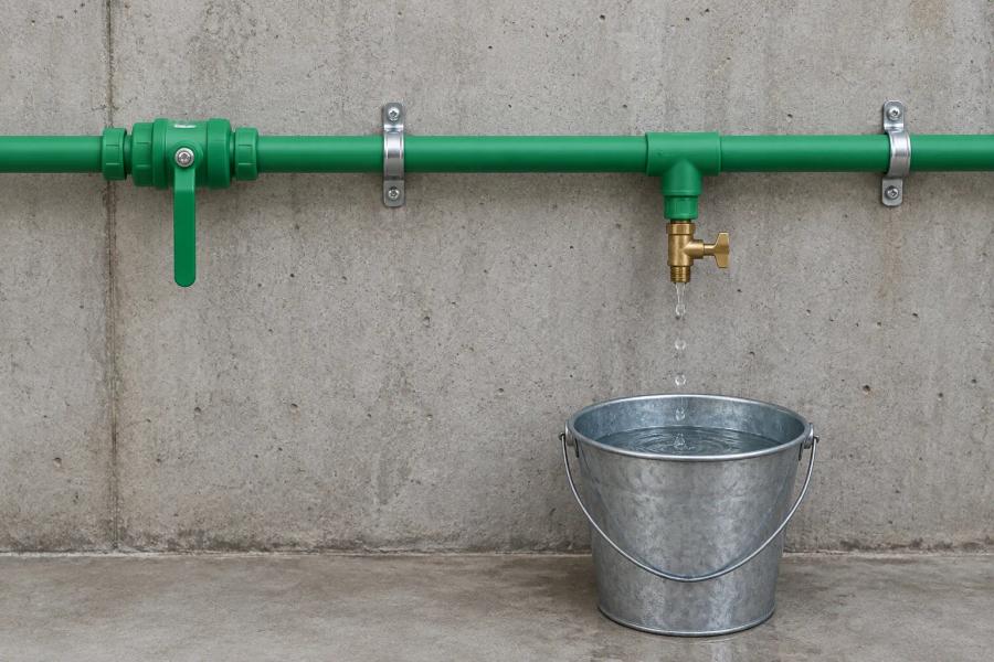 Green PP-R water line on a concrete wall with its ball valve shut and a brass drain cock open at a low-point tee, emptying the section into a bucket