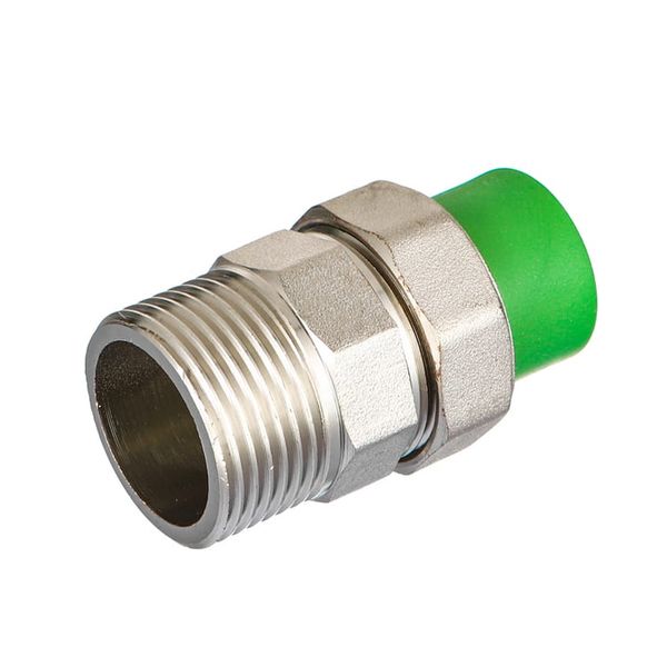 PP-R union with a male thread and nickel-plated body; the elastomer seal sits in the groove between the two mating faces