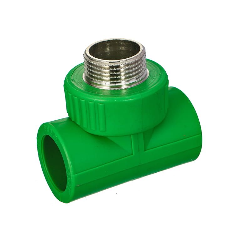 A green PP-R socket-fusion tee with two plain fusion sockets and a nickel-plated brass male threaded branch