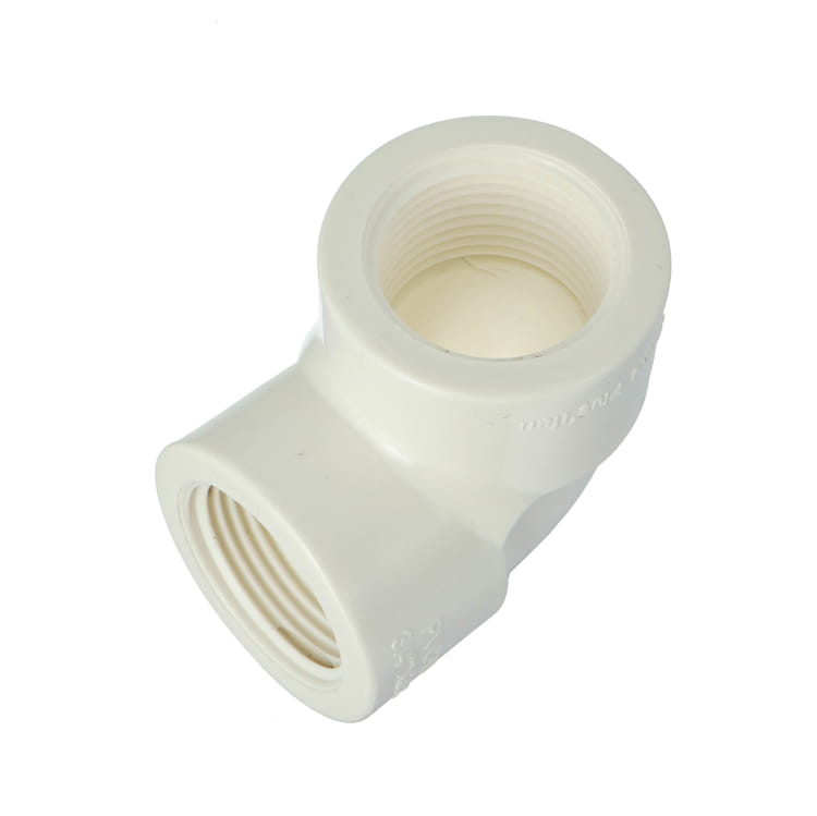 White PVC 90-degree street elbow with factory-moulded female threaded ends, the connection style a threaded UPVC gate valve screws onto