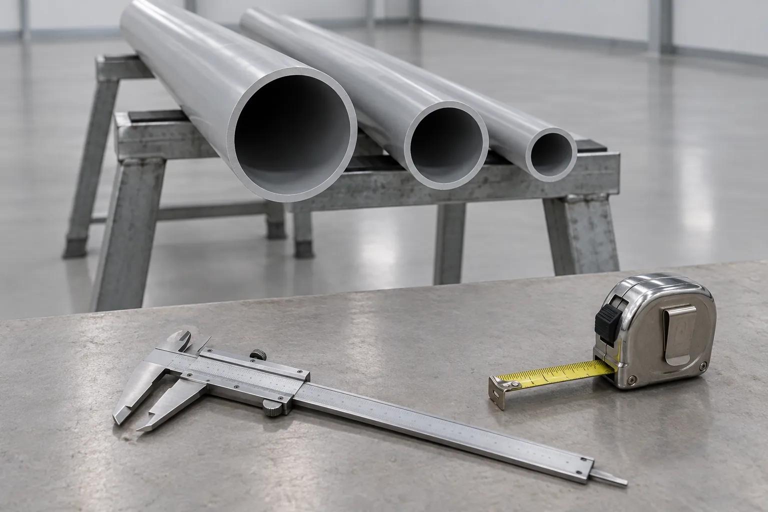 Three plain grey unplasticized PVC pipe lengths of different diameters resting on a galvanised steel trestle in a bare inspection hall, with a stainless vernier caliper and a steel tape measure lying on the bench in front of them