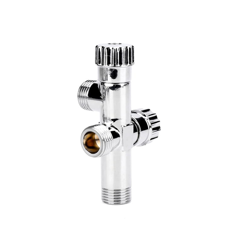 Small-bore chrome-plated brass isolating valve with two knurled multi-turn stem caps and threaded outlets