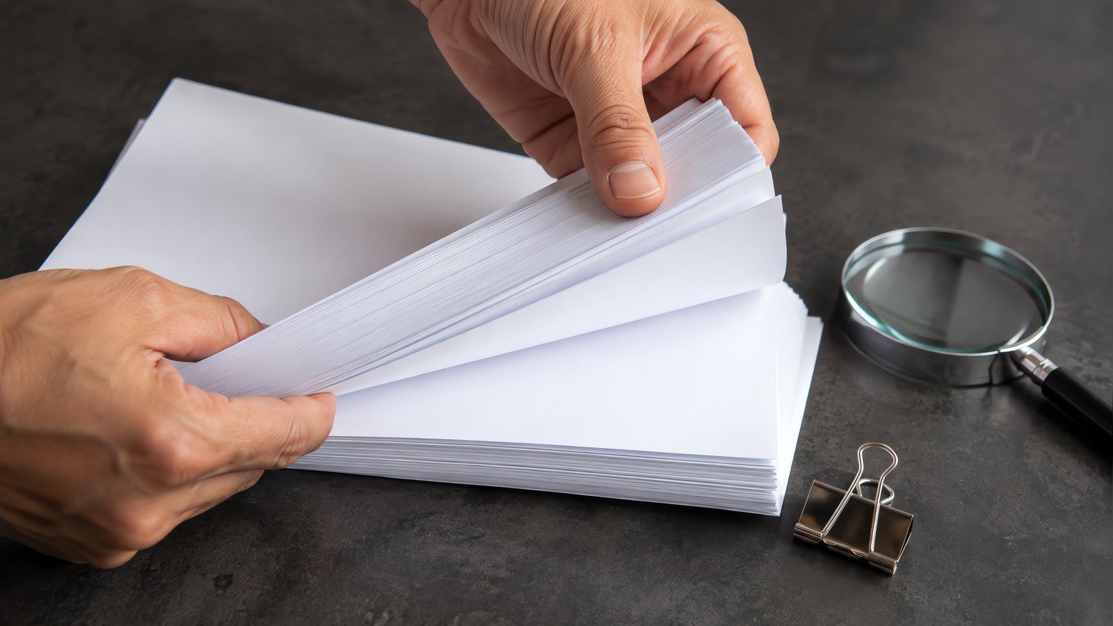 Two bare hands fanning the top sheets of a thick stack of blank white paper on a dark counter, a magnifying glass and a bulldog clip beside it