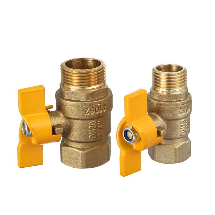 Two brass ball valves with butterfly handles and male threaded outlets, size markings cast into the bodies