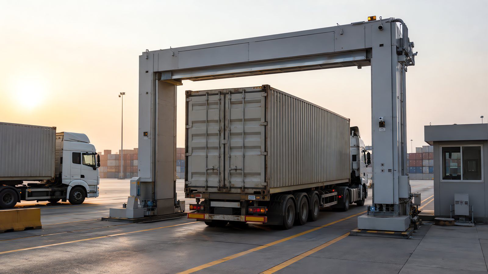 An articulated truck carrying an unmarked forty-foot container passing under a grey gantry container-scanning archway on a marked terminal lane at sunrise, a second truck waiting behind at a painted stop line