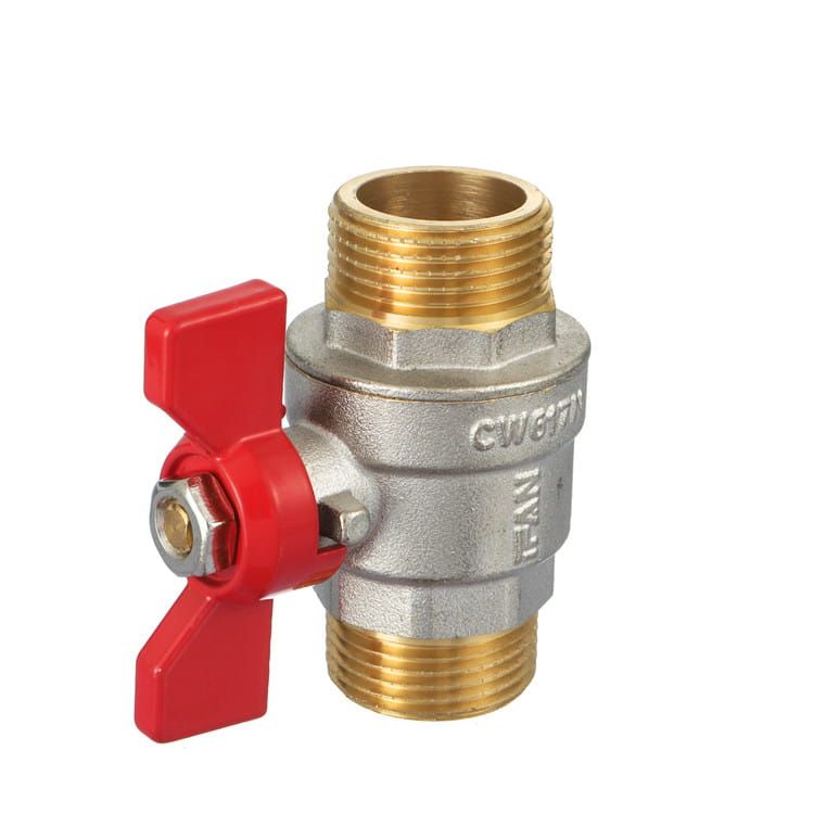 Male-threaded brass ball valve with a red butterfly handle, the body cast with the alloy designation CW617N
