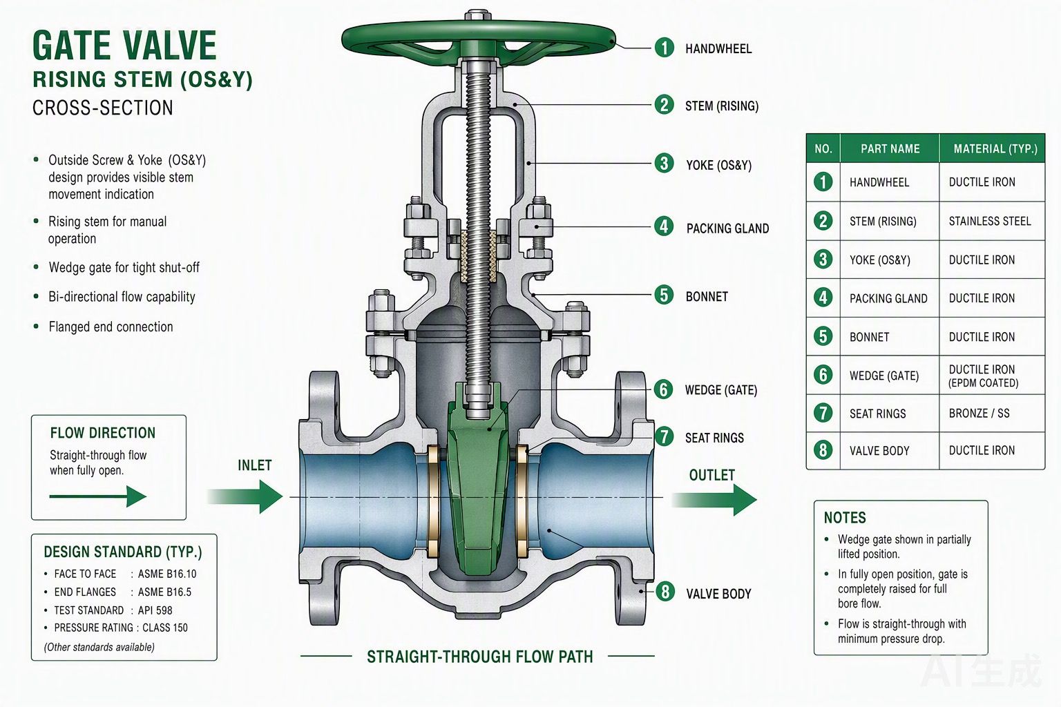 Gate valve cross-section showing wedge, stem, handwheel, and flow path in open and closed positions