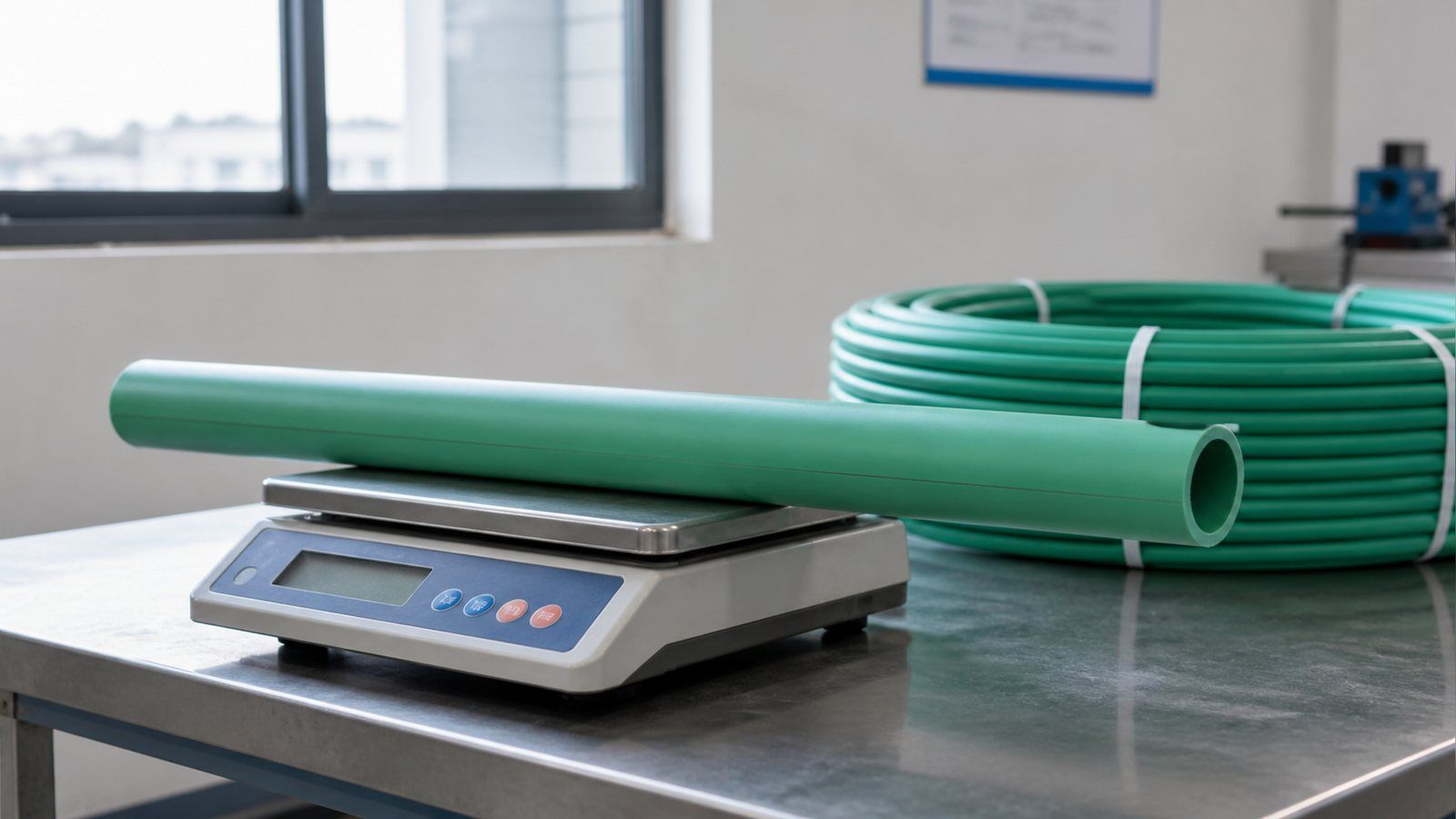 A one-metre length of green PP-R pipe on a digital bench scale beside a coil, illustrating grams per metre