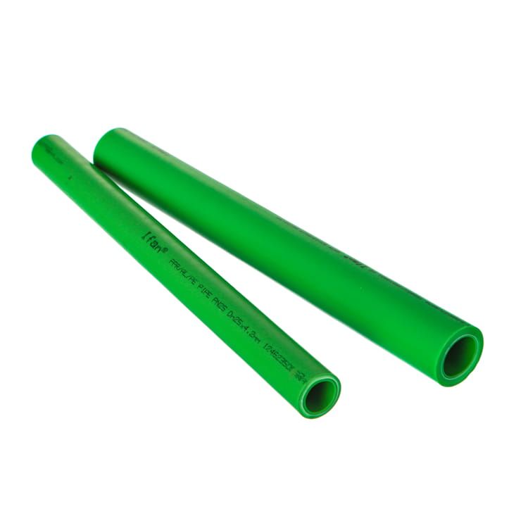 Green PP-R pipe with the printed marking line reading PPR/AL/PPR PIPE PN25 Dn25 x 4.2mm along its length