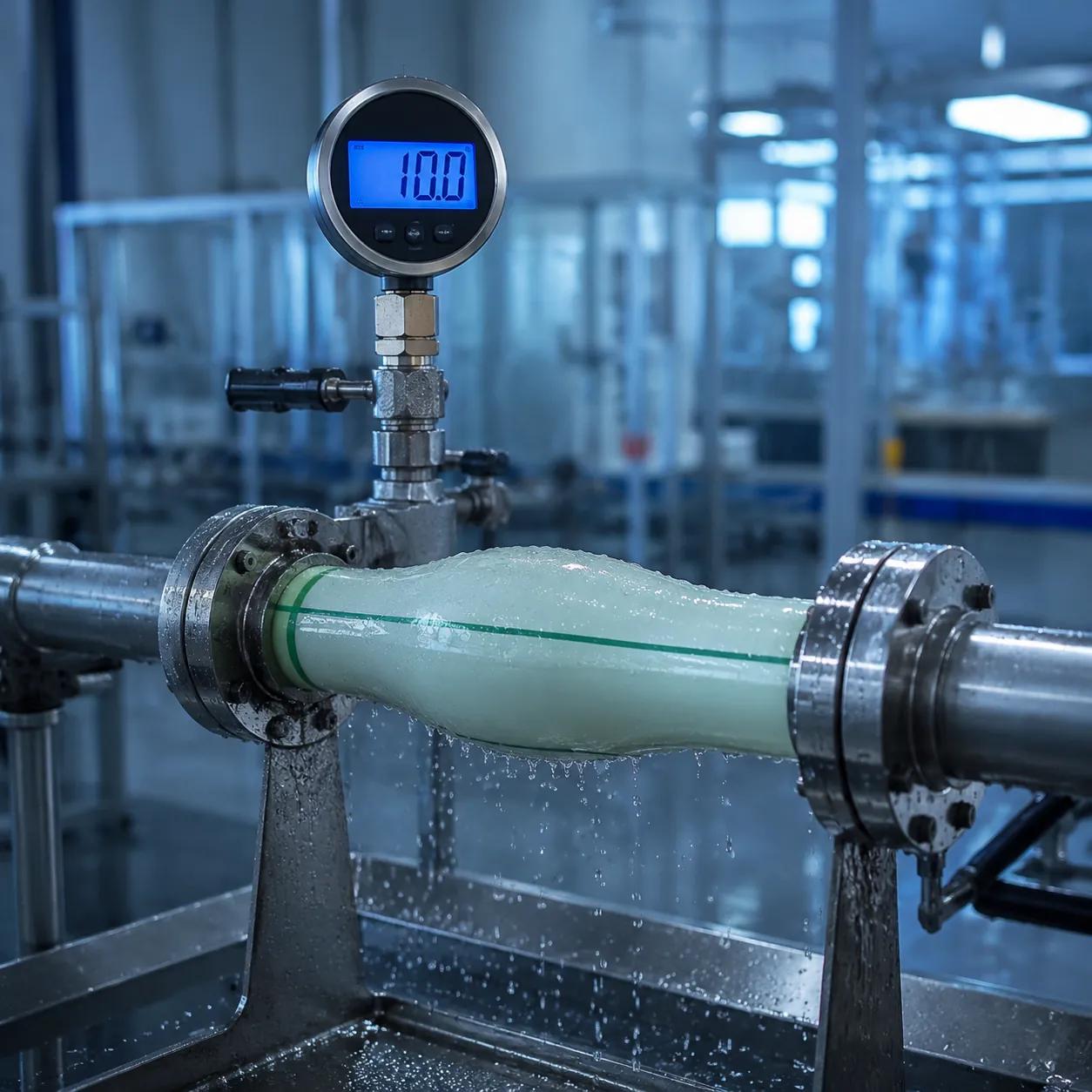 Hyper-realistic product photography, a PPR pipe pressure testing rig with digital gauge showing 10 bar reading, pipe section visibly expanding under hot water at 70C, industrial laboratory background with cool blue ambient light, no text, no brand logo