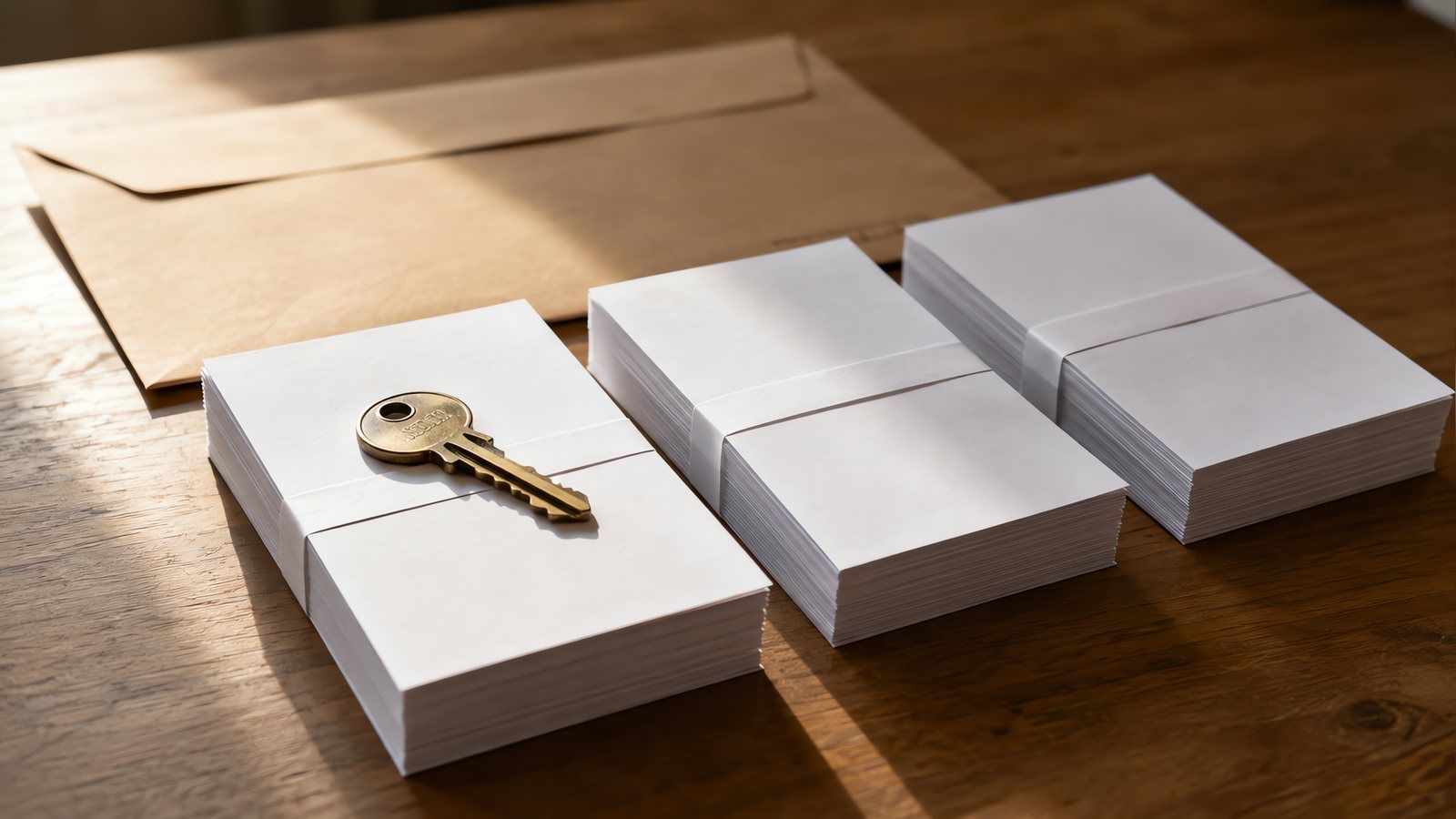 Three identical banded stacks of blank white paper on a wooden desk in morning light, a single brass key resting on the nearest stack, a plain kraft envelope behind