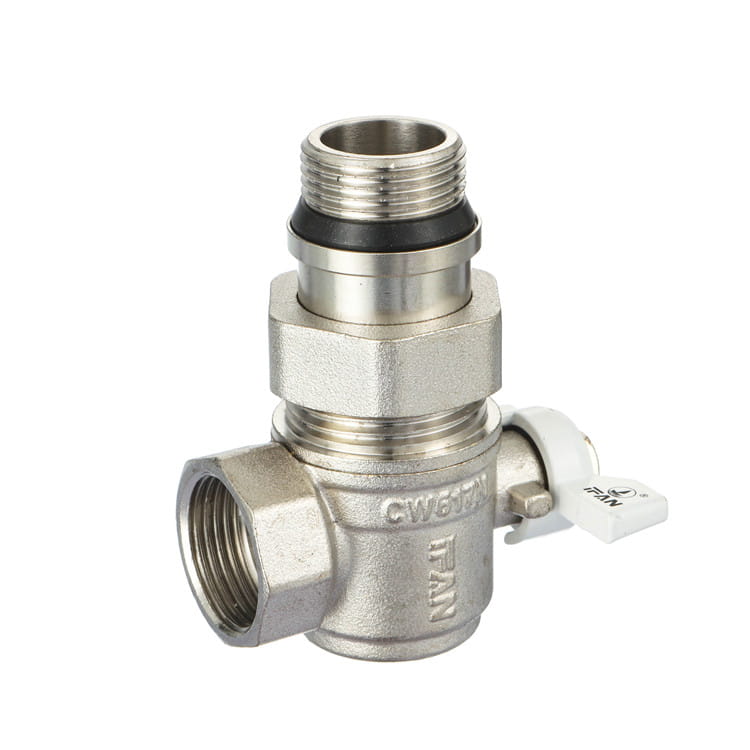 Union brass valve with a large hexagonal union nut, black sealing O-ring on the male tailpiece and CW617N cast into the body