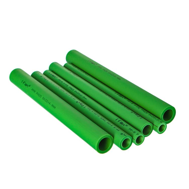 Green PP-R pipe lengths in several diameters with printed marking lines reading PP-R PIPE with pressure class PN20 and PN25 and nominal diameters with wall thickness