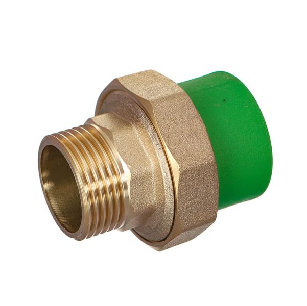 Brass-insert PP-R union with a moulded-in male thread, used where the union is the transition to a threaded metal component