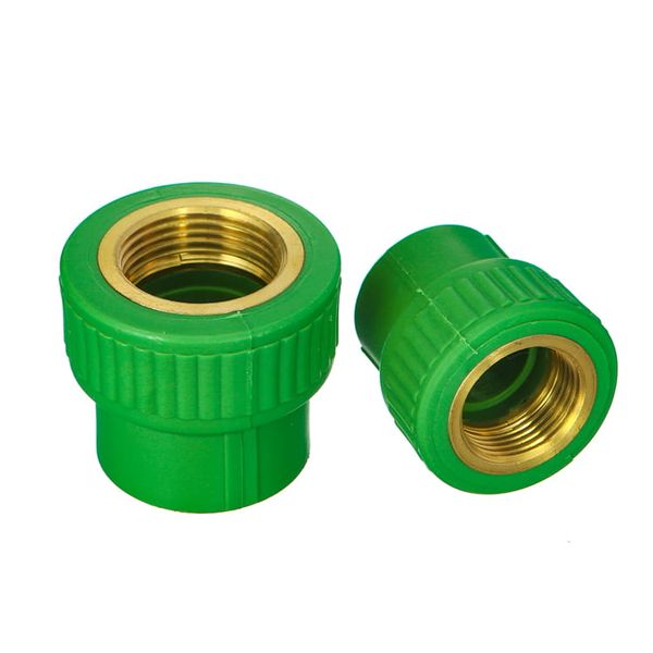 All-plastic green PP-R union: both halves and the nut are polypropylene, sealing on an O-ring between the faces