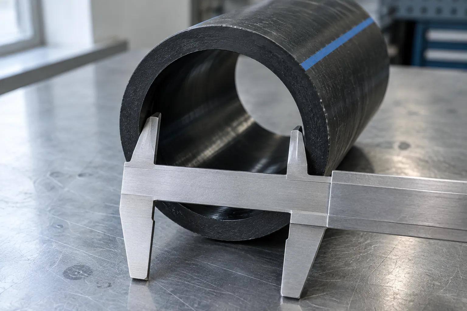 Vernier caliper spanning the inside diameter of a cut length of black HDPE water pipe with a blue stripe, standing on a steel workbench