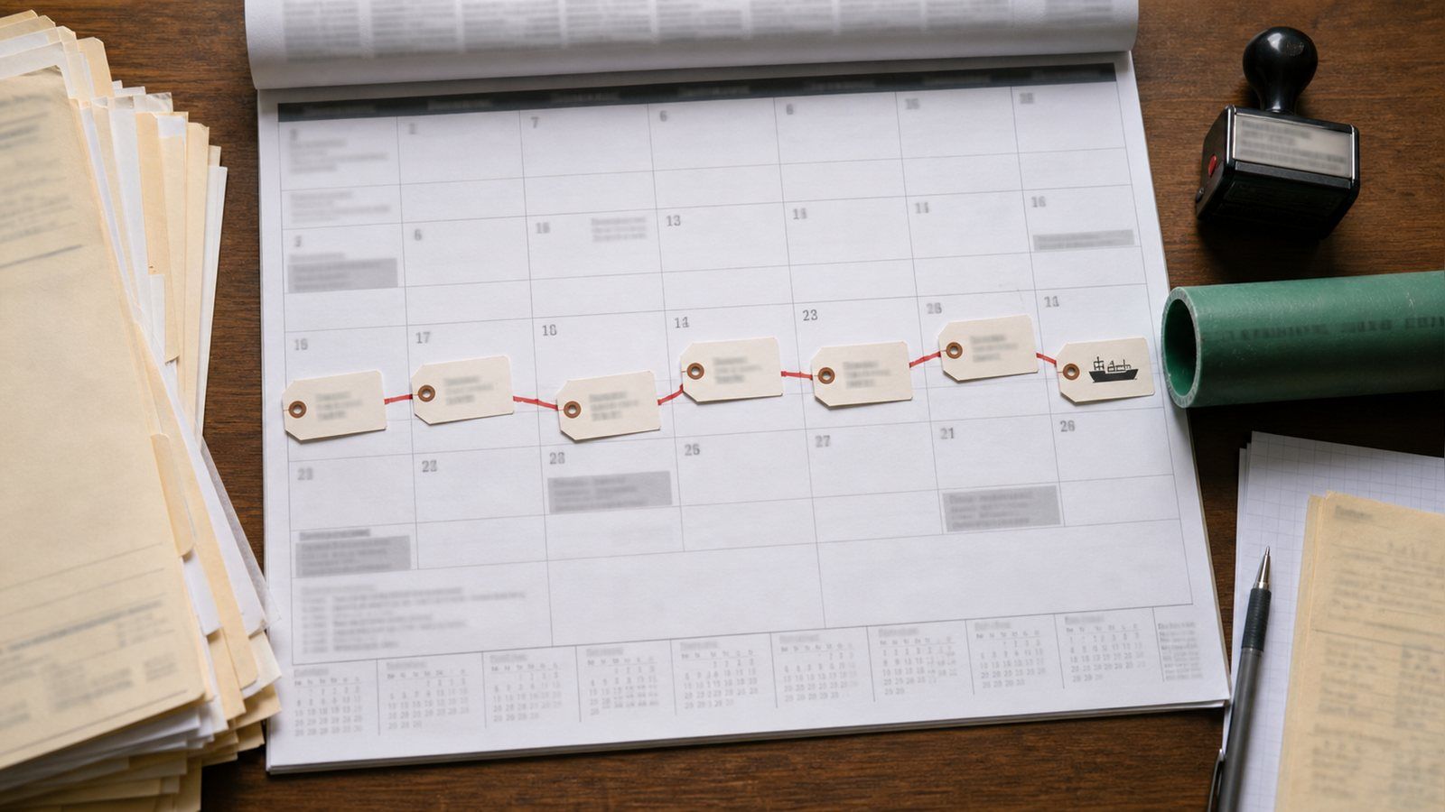 A shipping-office wall planner with document tags chained left to right by a red line ending at a sailing date, showing how each import certificate is a prerequisite for the next