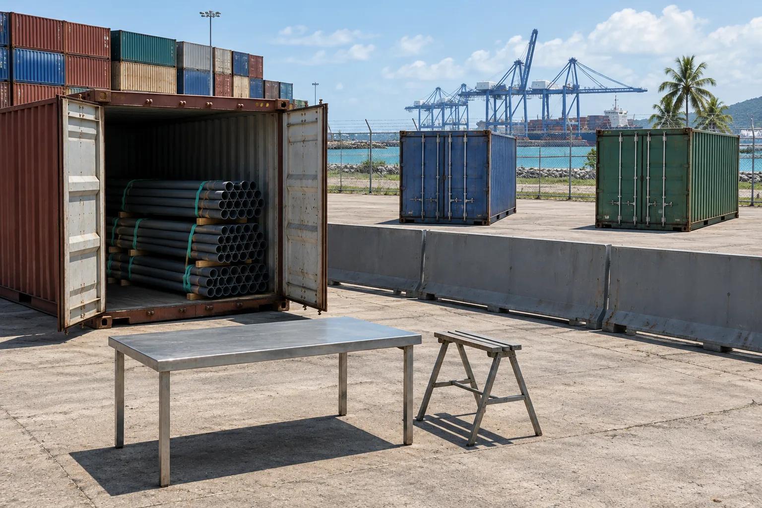 An open unmarked shipping container of bundled pipe standing apart from the main stack in a sunlit port examination yard, an empty steel inspection table in front of it and gantry cranes beyond the perimeter fence