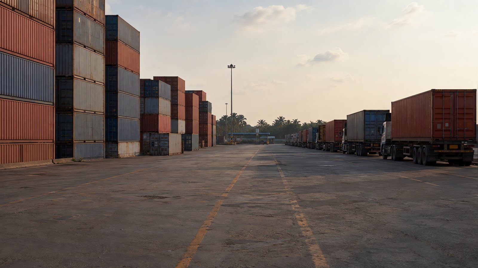 Rows of stacked shipping containers in a terminal storage yard at dusk with a line of trucks waiting at the exit gate