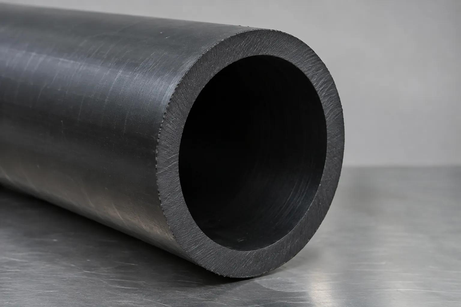 Sawn end of a large-diameter black polyethylene pressure pipe on a steel bench, the wall and bore uniformly black with no stripe or marking of any kind