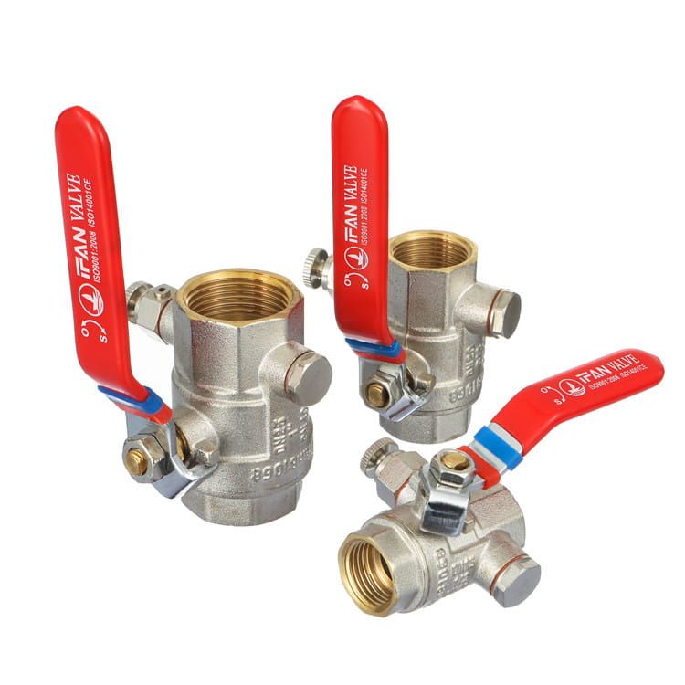 Brass ball valves with integral side drain ports and lever handles, used where a riser-base isolation valve must be paired with a draw-off point