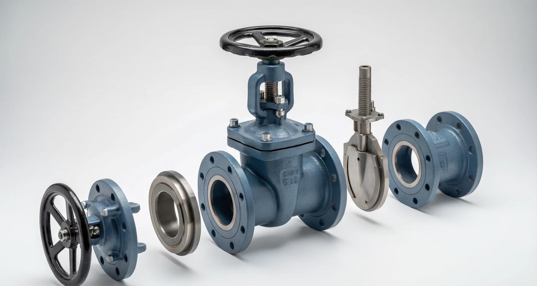 Exploded view of a flanged gate valve showing body, wedge, stem, handwheel, and bonnet components