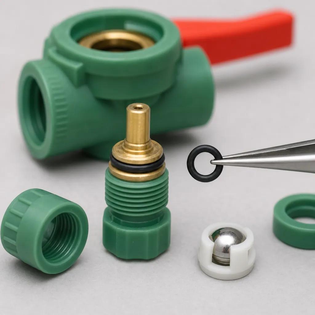 Hyper-realistic product photography, a disassembled PPR ball valve stem with a small 7x1.5mm EPDM O-ring held by tweezers, macro shot, soft diffused lighting, clean composition, no text, no brand logo