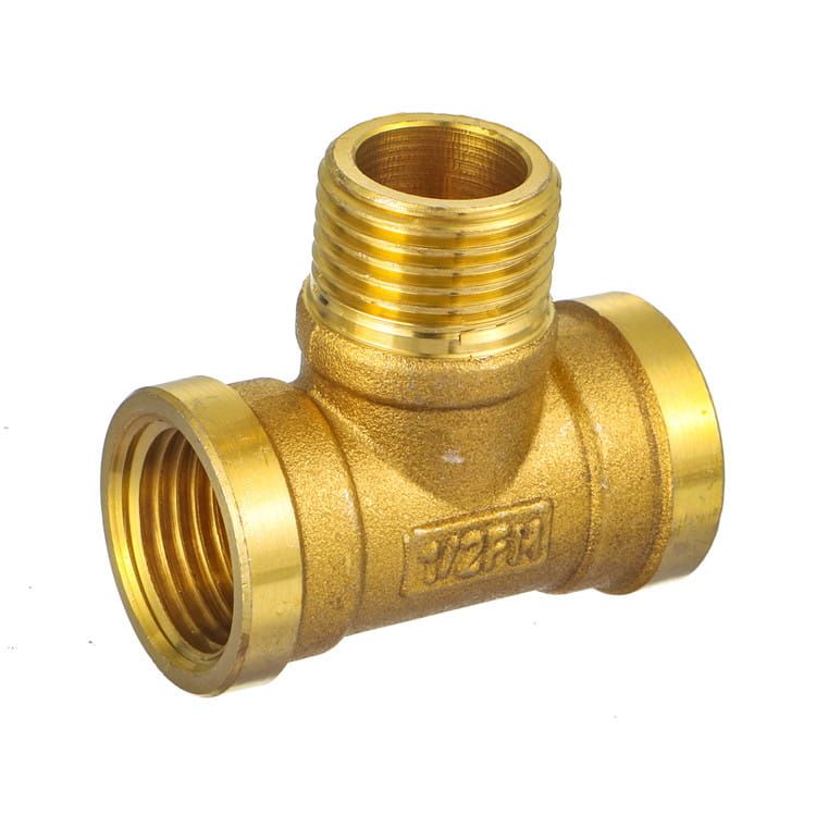 Brass tee fitting with a 1/2 inch size marking cast into the body, one of the branching forms in a brass fitting range