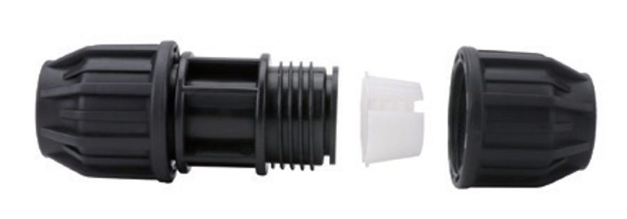 Exploded view of IFAN 605 PP compression fitting — body, split grip ring, and compression nut