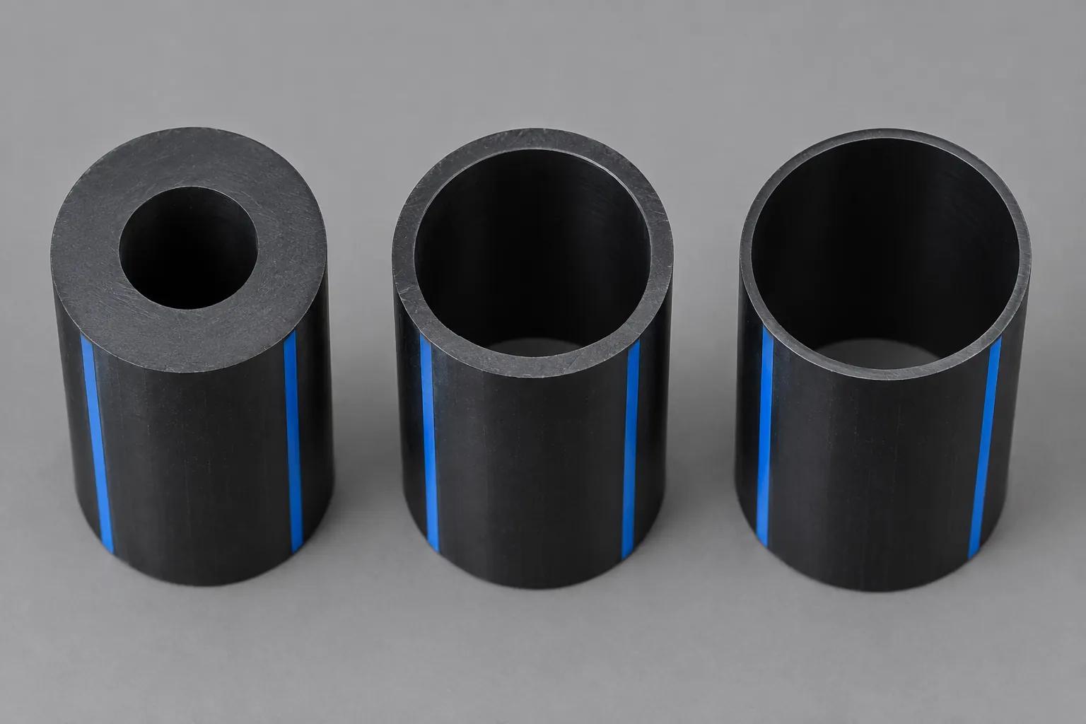 Three sections of black HDPE pipe with blue stripes and the same outside diameter, stood cut-end up, the wall thinning and the bore widening from left to right