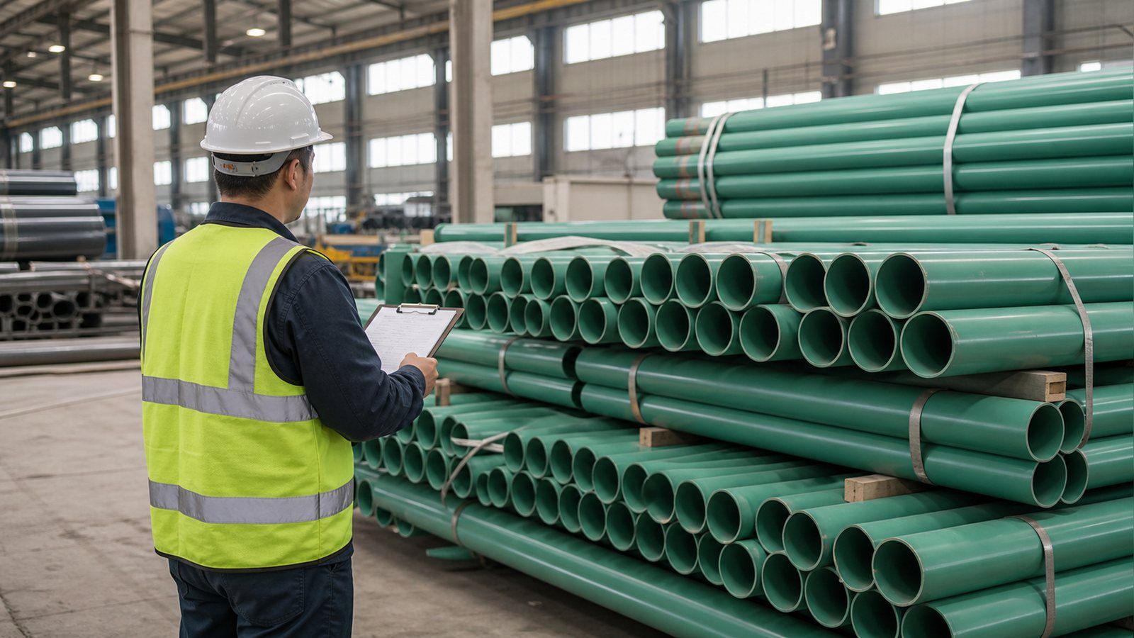Pre-shipment conformity inspection of stacked plastic pressure pipe in a factory warehouse, the event that has to happen before a Certificate of Conformity can be issued