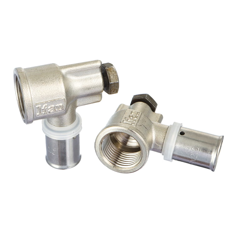 Two metal elbow fittings with threaded ports and press sleeves
