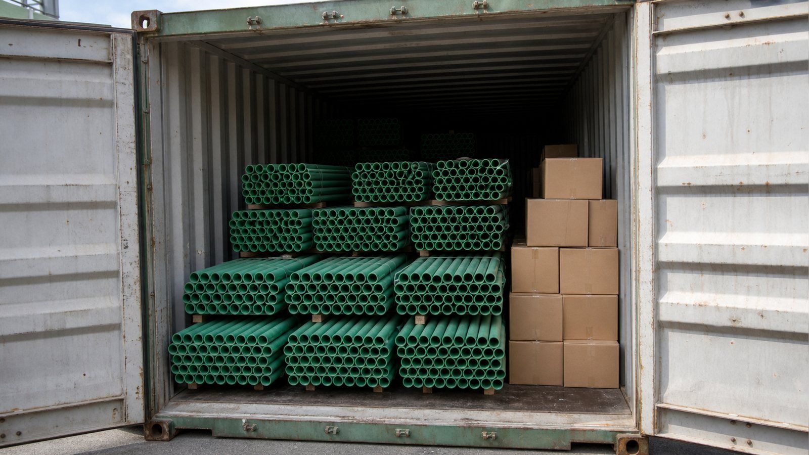 Open shipping container doors showing stacked bundles of green PP-R pipe filling most of the interior with cartons of fittings stacked beside them