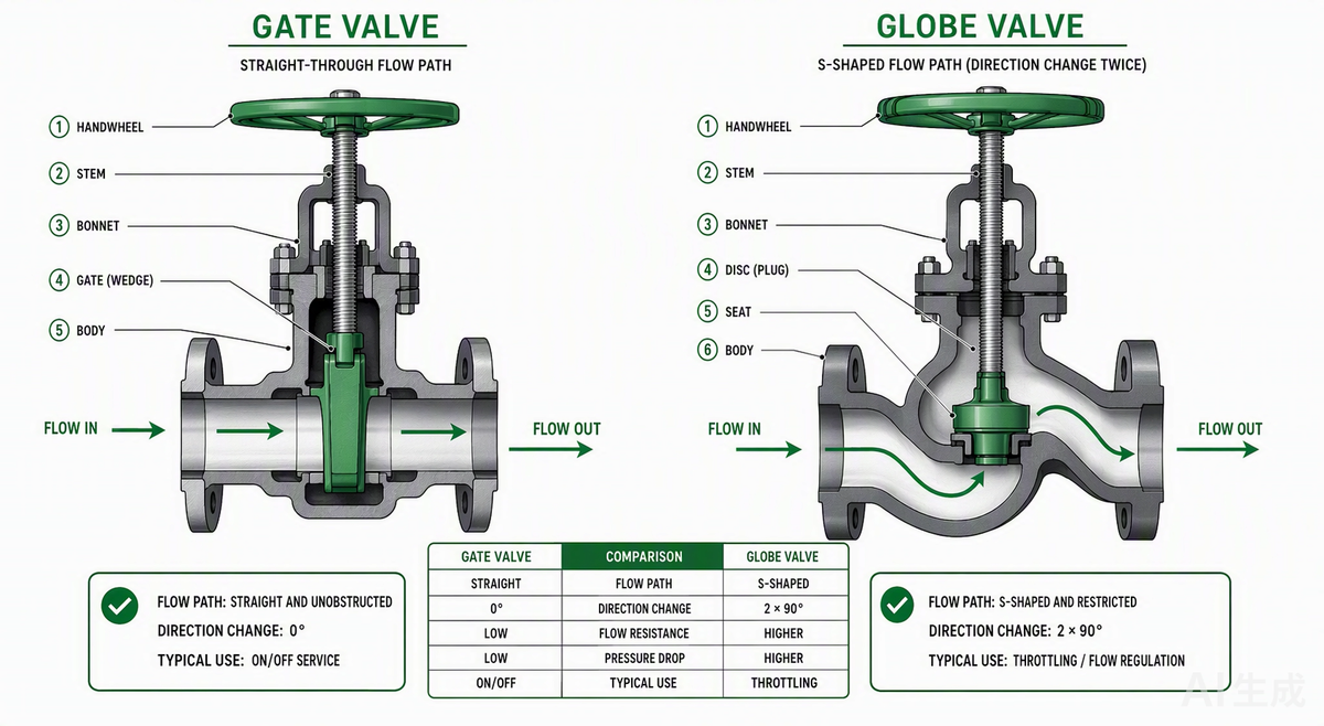 Diagrama de comparação de corte transversal entre válvula gaveta industrial e válvula globo, mostrando as estruturas internas da cunha e do assento do disco