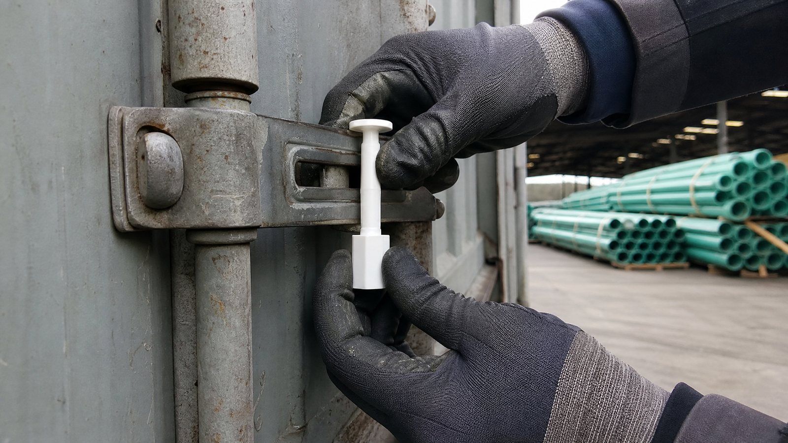 Gloved hands fitting a plain unmarked bolt seal through the locking-bar hasp of a closed shipping container door, with strapped bundles of green plastic pressure pipe on pallets behind