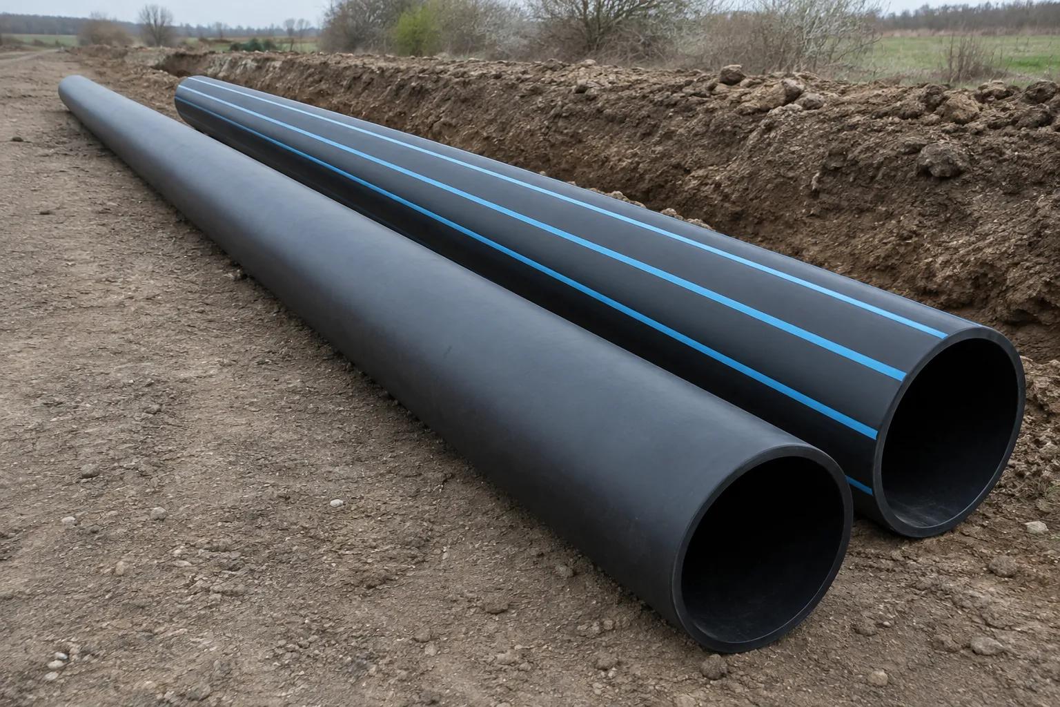 Two lengths of black polyethylene water main lying beside an open trench, the nearer one plain black and the farther one carrying pale blue longitudinal stripes