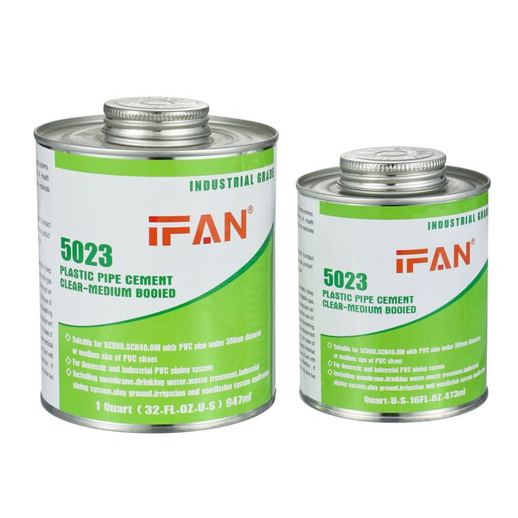Two tins of IFAN 5023 plastic pipe cement for PVC, a one-quart can beside a smaller pint can, on a white background