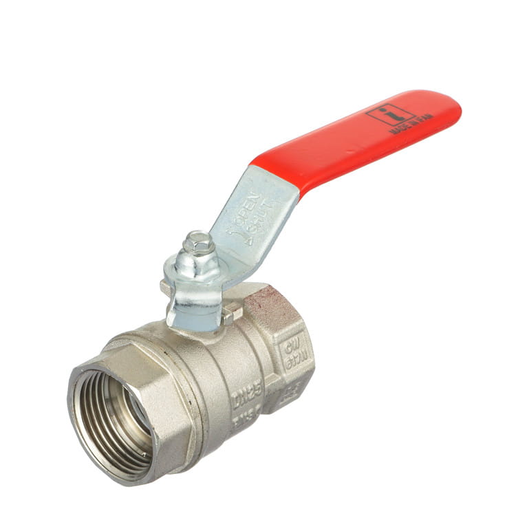 Brass ball valve with a red butterfly handle, the body cast with the pressure designation PN25