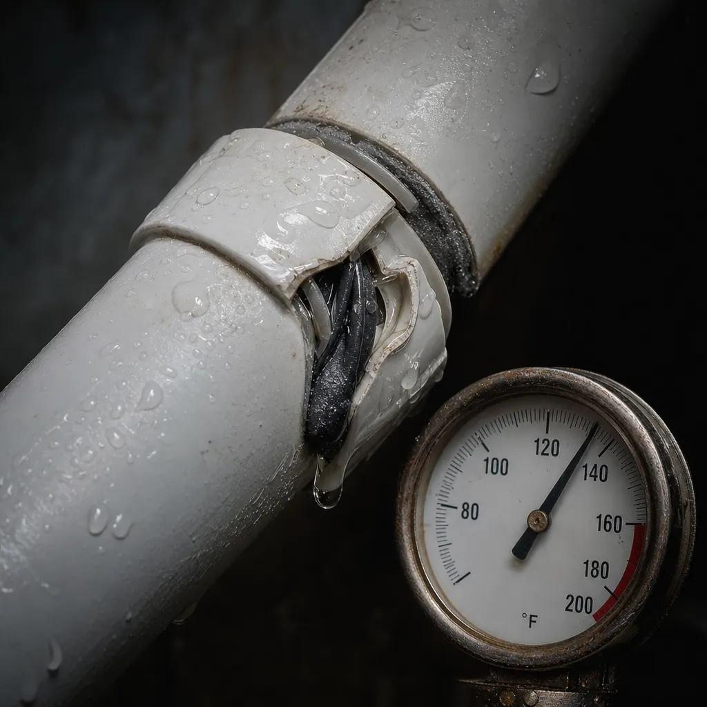 Cracked white PVC joint leaking water next to a line temperature gauge, a pressure-line failure at a stressed plastic connection