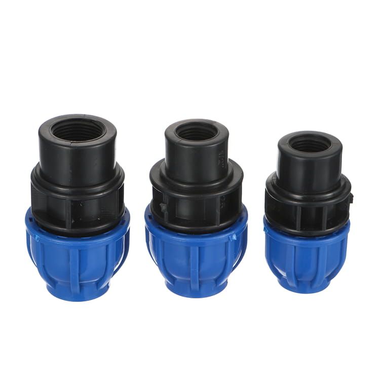 Three sizes of HDPE compression coupler with female threaded outlets showing the DN range used on water service connections