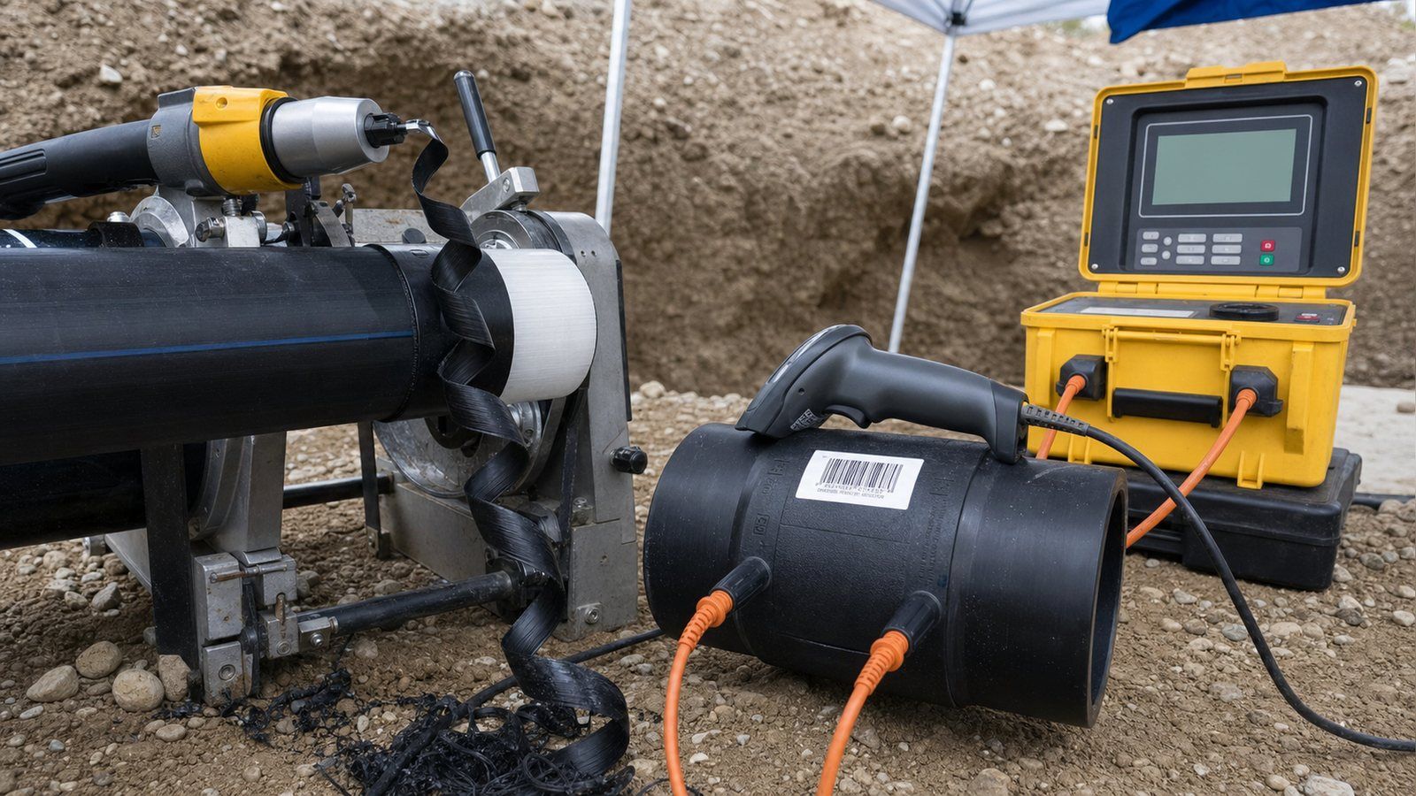 Rotary peeling tool removing a continuous curl of polyethylene beside an electrofusion control box and barcode scanner at a trench-side PE pipe joint